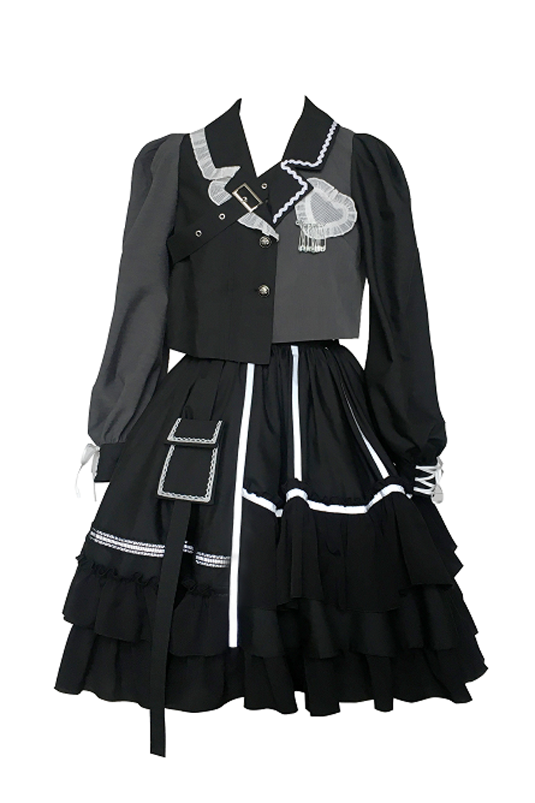 Black Night Talking Reflective Strip Long Sleeves Ruffle Pleated Gothic Lolita Dress Set - Product - 3