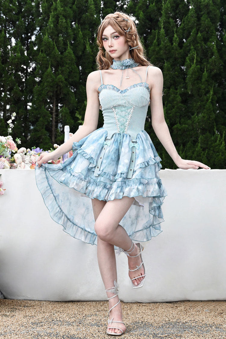 Blue [Mirrorless Dream] Double-Layered Tie-dyed Print Ruffle Bowknot Lace Train Sweet Lolita Jsk Dress - Product - 4