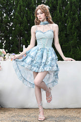 Blue [Mirrorless Dream] Double-Layered Tie-dyed Print Ruffle Bowknot Lace Train Sweet Lolita Jsk Dress - Product - 4