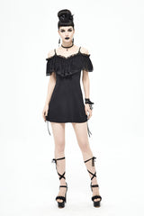 Black Lace Up Off Shoulder Chest Frilly Side Women's Punk T-Shirt - Product - 4