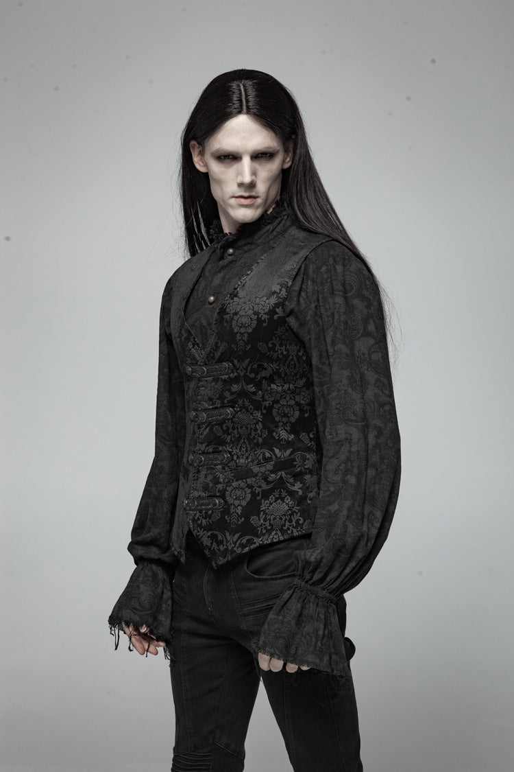 Black Retro Jacquard Front Woven Strap Metal Button Men's Gothic Vest - Product - 2