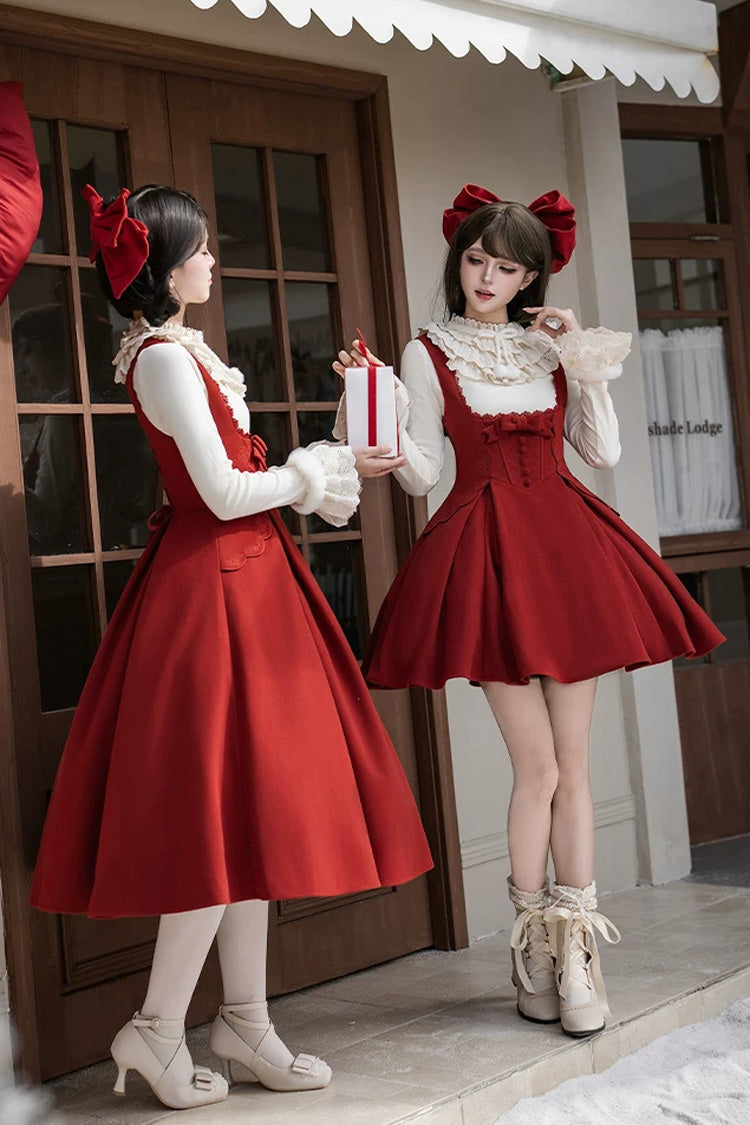 Red [Letters and Poems · Velvet Rose] Sleeveless Embroidered Bow Fishbone Classic Elegant Lolita Bandeau Dress 2 Versions - Product - 7