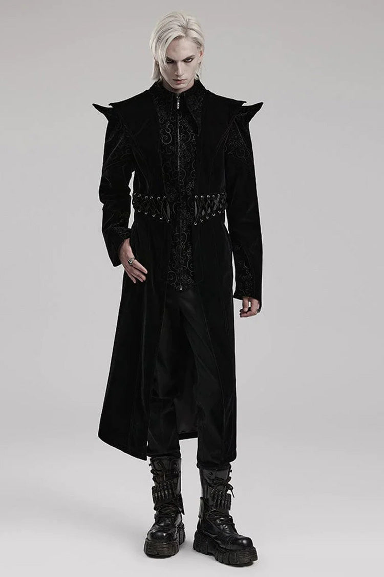 Black Stand Collar Jacquard Print Waist Cord Decoration Mens Gothic Mid Length Coat - Product - 2