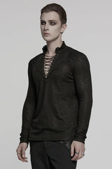 Black V Collar Long Sleeves Jacquard Embroidery Men's Gothic Blouse - Product - 2