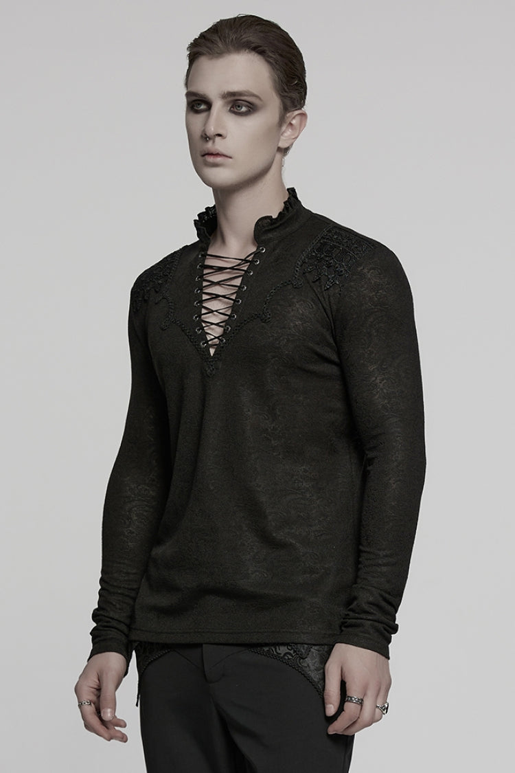 Black V Collar Long Sleeves Jacquard Embroidery Men's Gothic Blouse - Product - 2