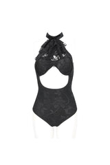 Black Stretch Textured Print Butterfly Halterneck Lace Women's Gothic One Piece Swimsuit - Product - 7