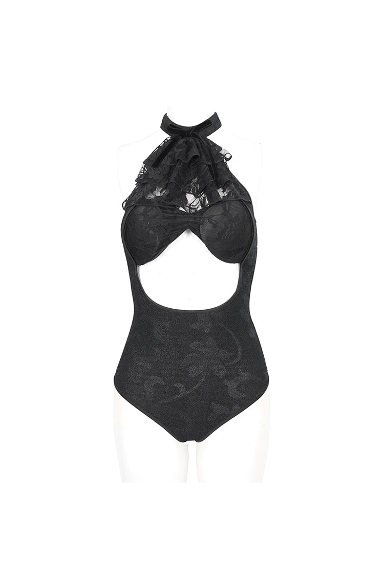 Black Stretch Textured Print Butterfly Halterneck Lace Women's Gothic One Piece Swimsuit - Product - 7
