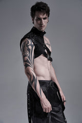 Black Stand Collar Sleeveless Irregular Asymmetric Studded Chain-Decorated Men's Gothic Handsome Cool Shoulder Harnesses - Product - 6