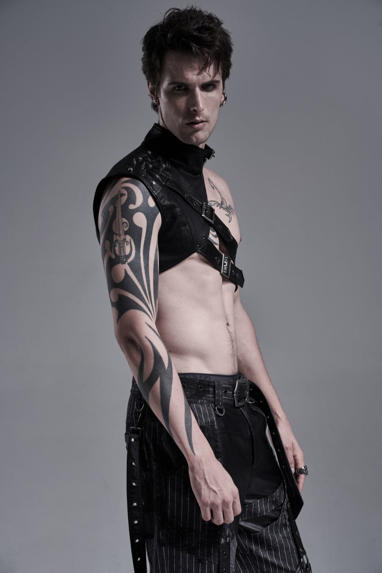 Black Stand Collar Sleeveless Irregular Asymmetric Studded Chain-Decorated Men's Gothic Handsome Cool Shoulder Harnesses - Product - 6