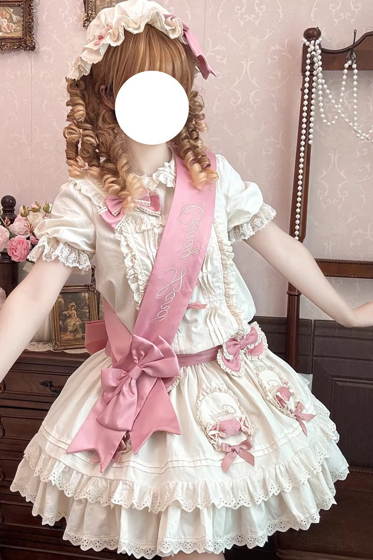 Apricot [Candy Paradise] Doll Collar Short Sleeves Double-Layered Ruffled Bow Sweet Lolita OP Dress - Apricot - 1