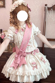 Apricot [Candy Paradise] Doll Collar Short Sleeves Double-Layered Ruffled Bow Sweet Lolita OP Dress - Apricot - 1