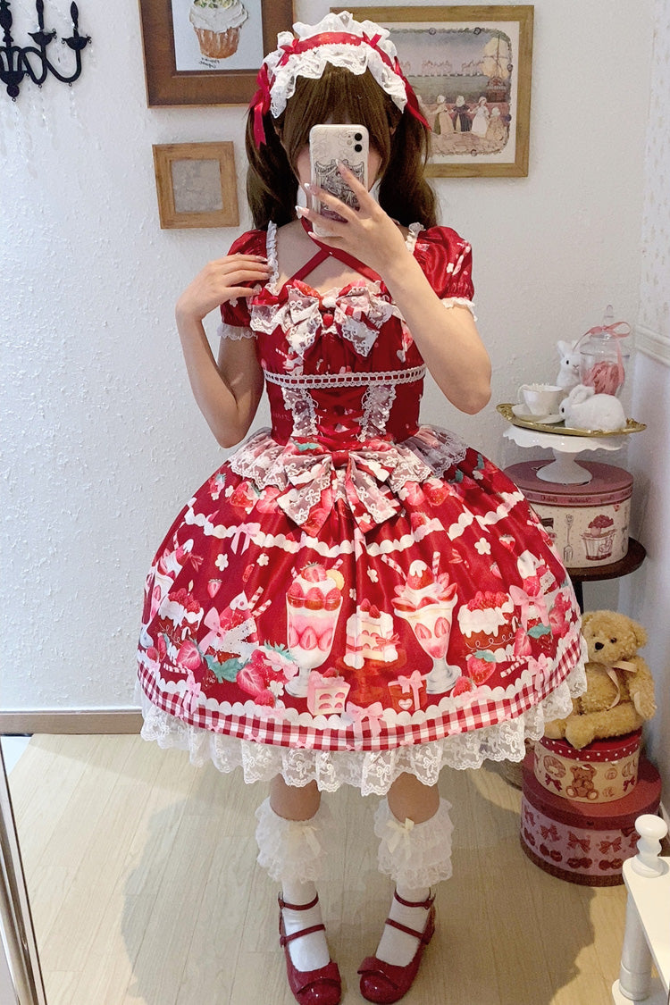 Red [Strawberry Parfait] Print Short Sleeves Ruffle Bowknot Lace Lace-Up Sweet Lolita Dress - Product - 11