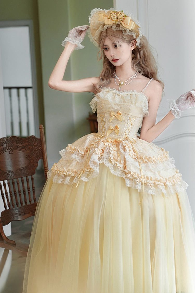 Yellow [Sissi's Pilgrimage] Off Shoulder Ruffle Bowknot Lace Sweet Lolita Skirt (Long Version) - Product - 4