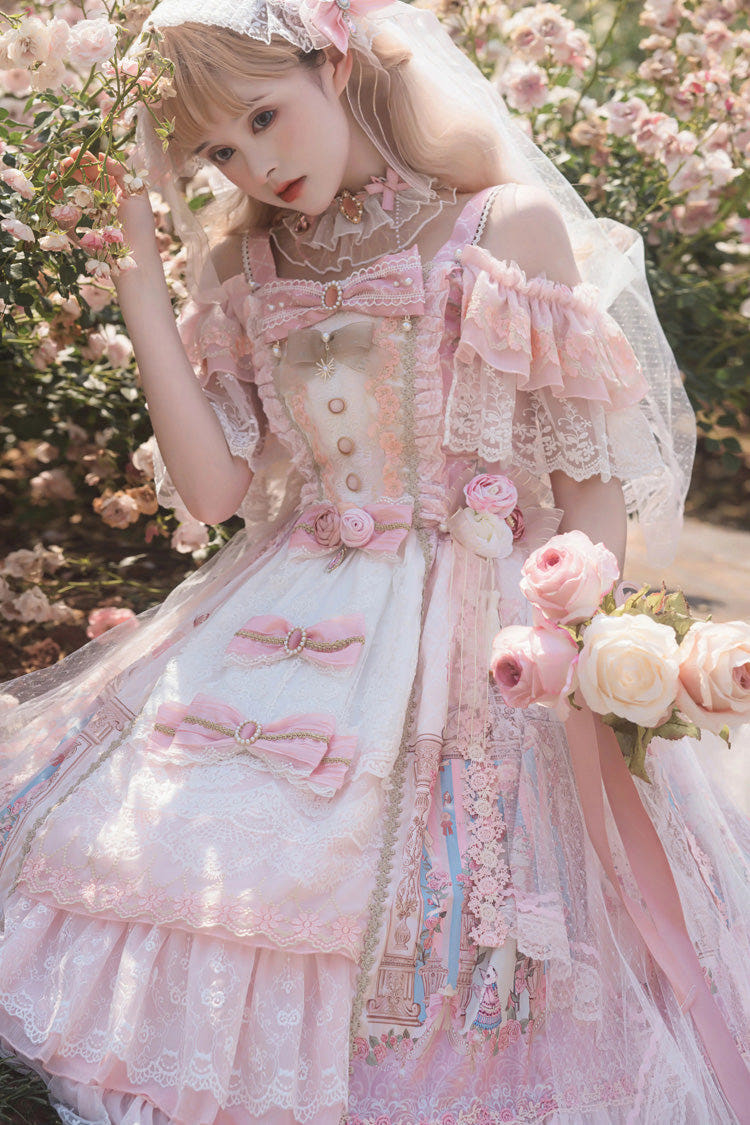 Pink [Moonlight Melody] Off Shoulder Sleeveless Multi-Layered Hanayome Open-Front Bow Lace Sweet Gorgeous Lolita Jsk Dress Set - Pink - 1