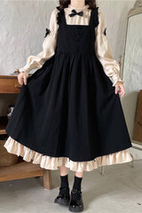 Black/Apricot Japanese Long Puff Sleeves Ruffle Bowknot Sweet Lolita Dress 2 Colors - Product - 5