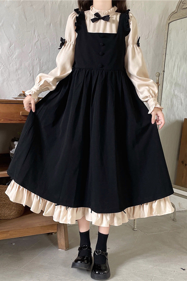 Black/Apricot Japanese Long Puff Sleeves Ruffle Bowknot Sweet Lolita Dress 2 Colors - Product - 5
