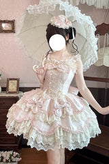 Pink [Realm of Sea Moon] Square Collar Sleeveless Multi-Layered Jacquard Ruffled Bow Lace Lace-Up Sweet Lolita Jsk Dress - Product - 2
