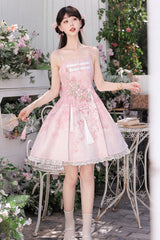 Pink [Whispers on Falling Cherry Blossoms] Printed Embroidered Tassel Sweet Classic Chinese Style Lolita Jsk Dress Set - Product - 13