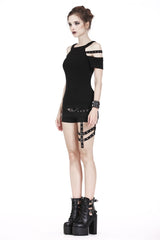 Black Off Shoulder Straps Short Sleeves Cut-Out Women's T-Shirt - Product - 9