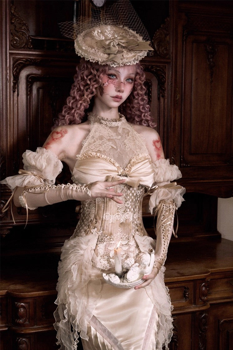 Golden [Cupid’s Poetry Box] Halterneck Ruffled Embroidered Bow Lace Slim Fishbone Gothic Lolita Top and Skirt Dress Set - Product - 6
