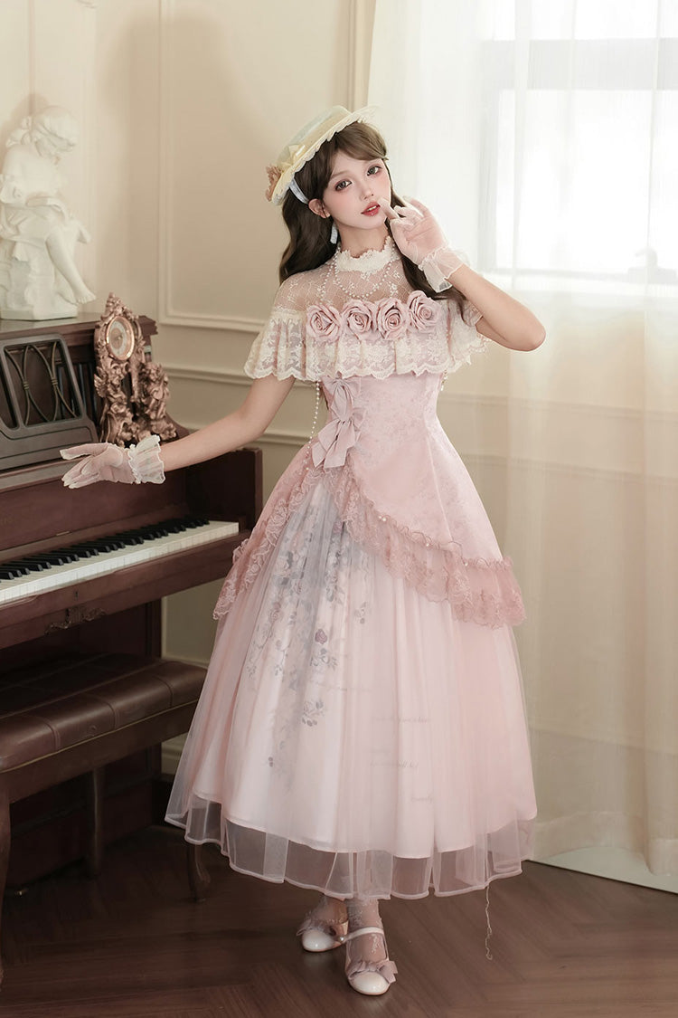 Pink [Rose Poems] Ruffle Embroidery Bowknot Lace Asymmetric Sweet Elegant Lolita Dress Set - Product - 6