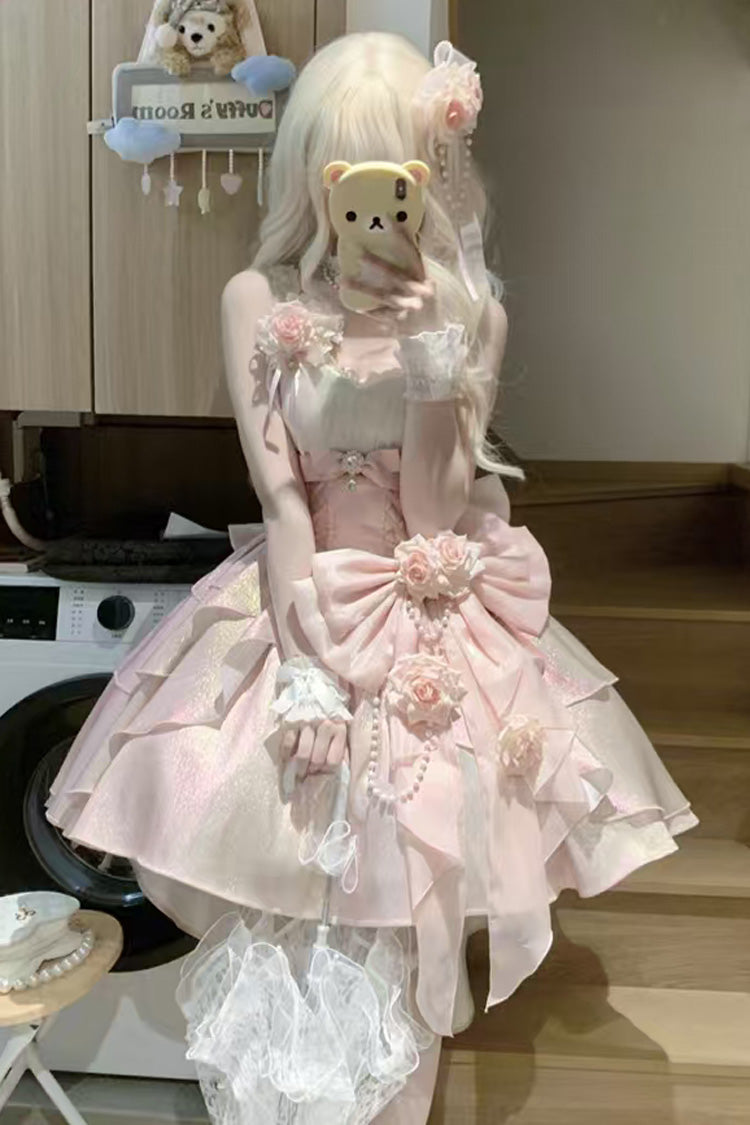 Pink [Rose Heart Knot] Ruffle Hanayome Bowknot Sweet Princess Gorgeous Lolita Jsk Dress - Product - 4