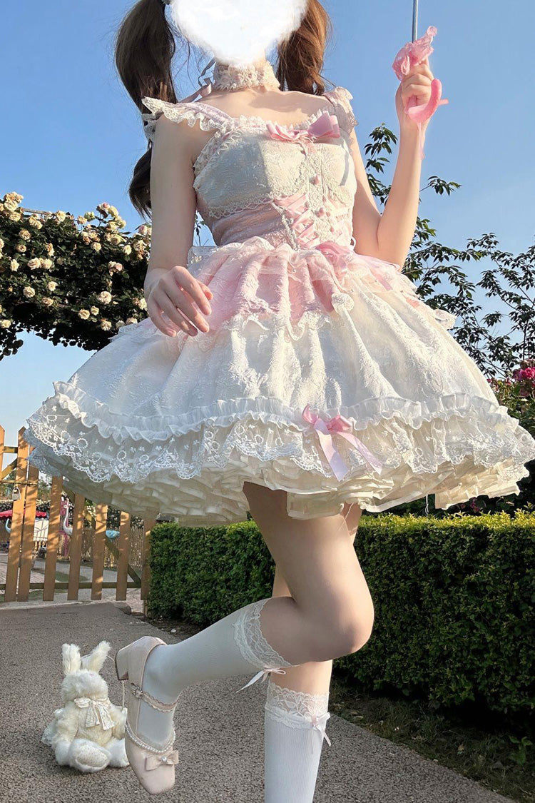 Pink [Leiffu] Sleeveless Ruffle Bowknot Lace Lace-Up Sweet Ballet Lolita Jsk Dress - Product - 2