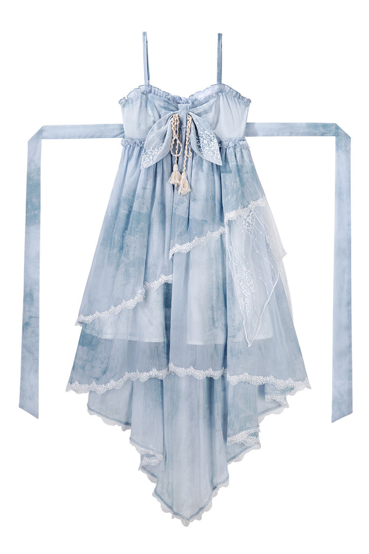 Blue [Clouds Resting in the Wilderness] Print Ruffle Embroidery Bowknot Lace Irregular Lolita Jsk Dress - Product - 4