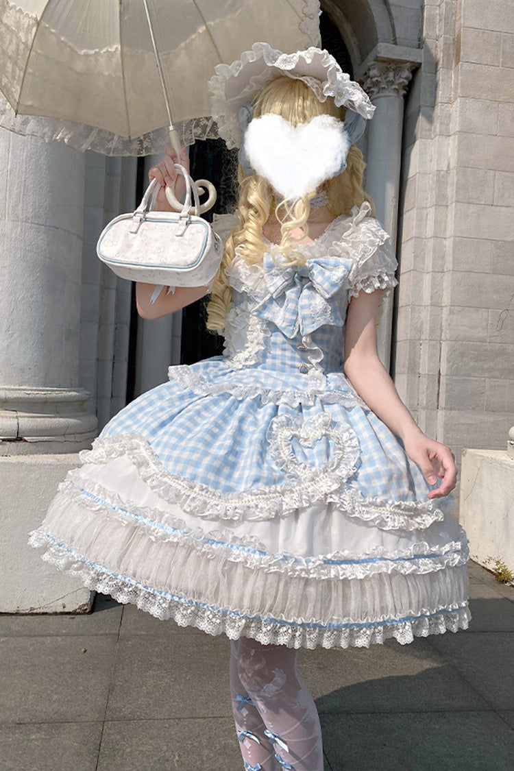 Blue [Tea Break Sweetheart] Short Sleeves Multi-Layered Plaid Print Ruffle Sweet Lolita Dress - Product - 11