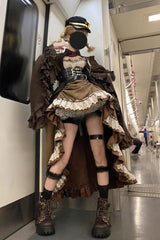 Brown Ruffle Irregular Handsome Punk Lolita Dress Set - Brown - 1