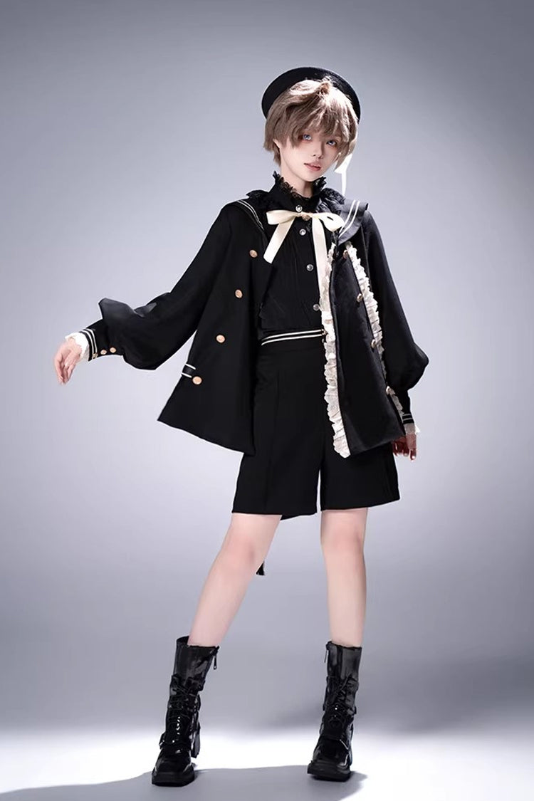 Black [City of Mist] Navy Collar Long Sleeves Gothic College Style Prince Ouji Lolita Shorts Coat Set - Black - 1