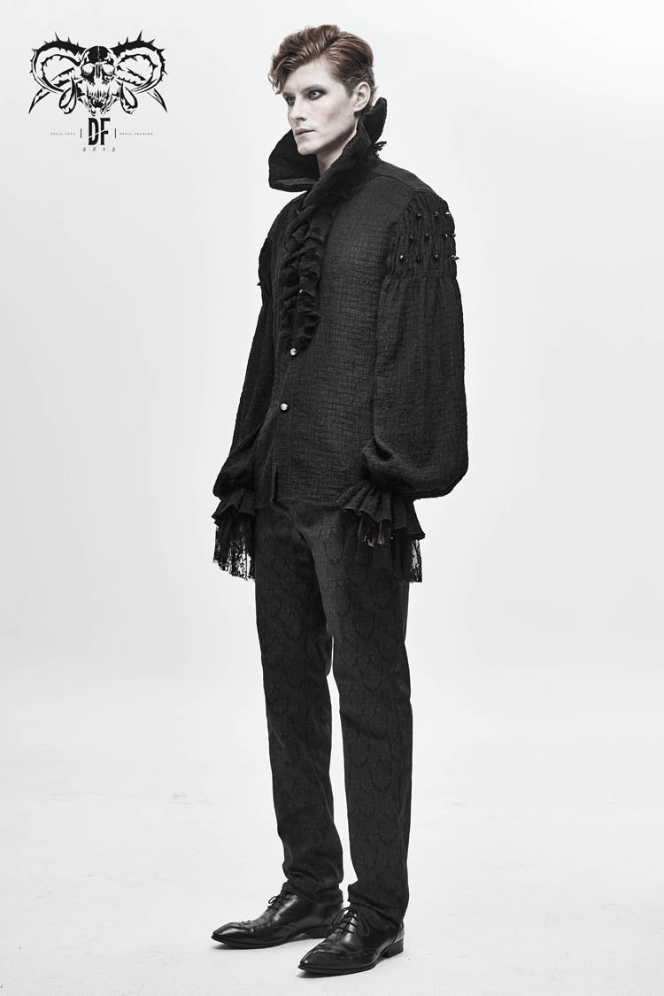 Black High Collar Chiffon Chest Frilly Beading Long Sleeve Lace Cuff Men's Gothic Shirt - Product - 5