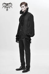 Black High Collar Chiffon Chest Frilly Beading Long Sleeve Lace Cuff Men's Gothic Shirt - Product - 5