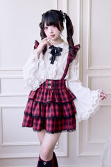 Red Triple-Layered Plaid Print Ruffle Gothic Jirai Kei Japanese Strap Dress - Product - 3