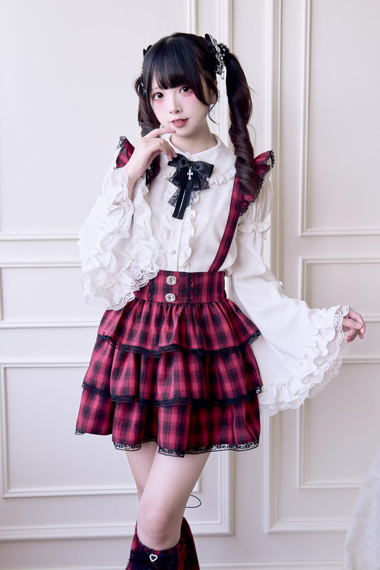 Red Triple-Layered Plaid Print Ruffle Gothic Jirai Kei Japanese Strap Dress - Product - 3