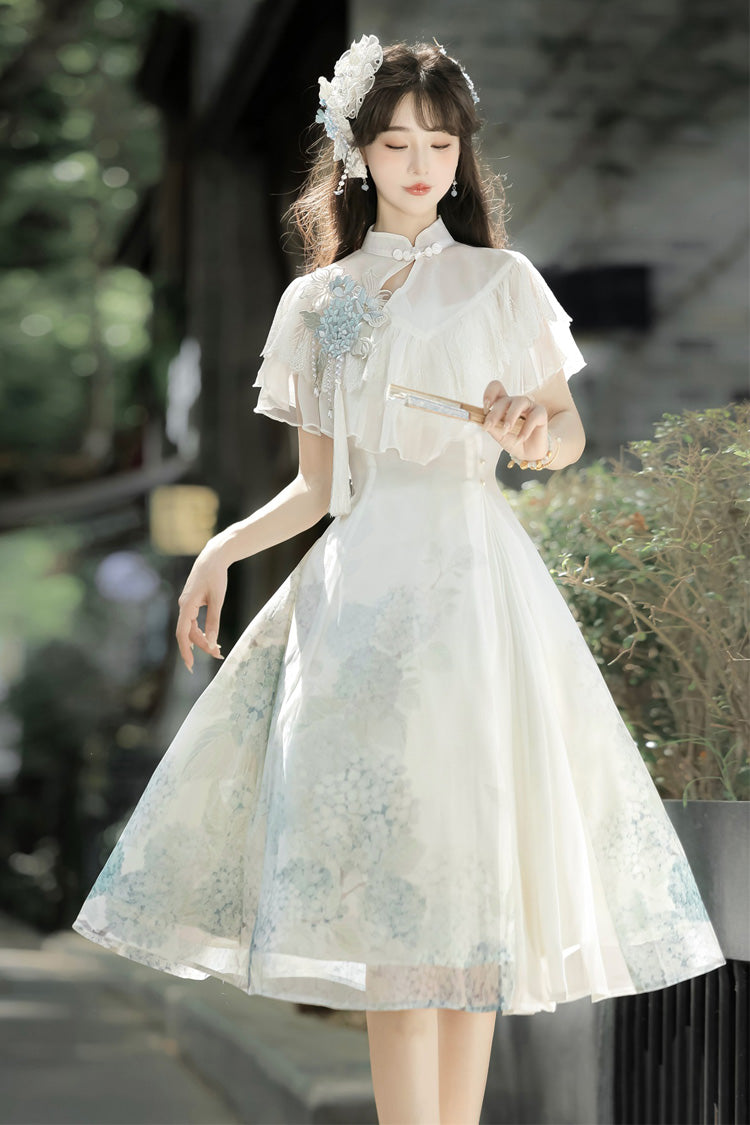 White [Hydrangea Message] Short Sleeves Print Ruffle Lace Sweet Chinese Style Elegant Lolita Short Dress - Product - 2