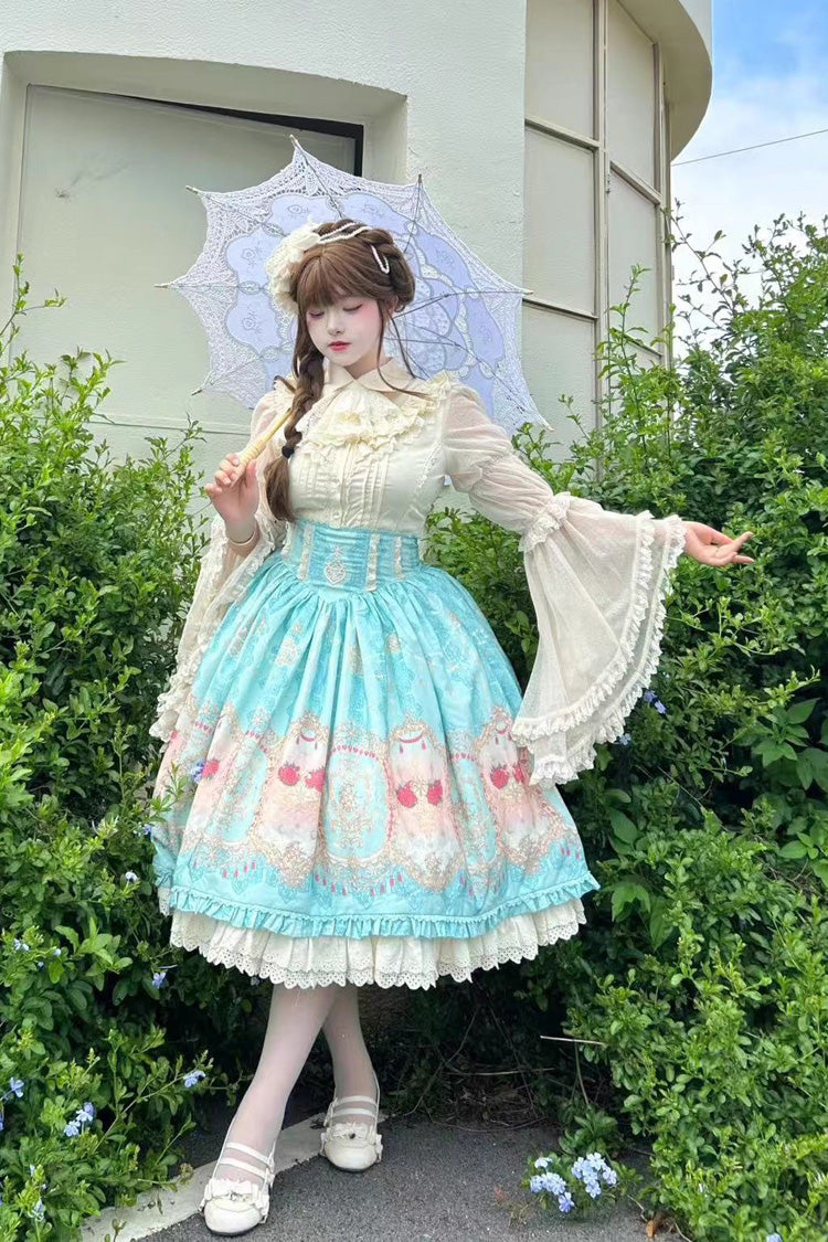 Blue [Moonlit Garden Secret] Print Ruffle Embroidery Lace Sweet Elegant Palace Lolita Skirt - Product - 9