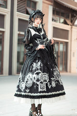 Black [Feast of Bones] Print Ruffle Bowknot Lace Gothic Elegant Lolita Long Dress - Product - 8