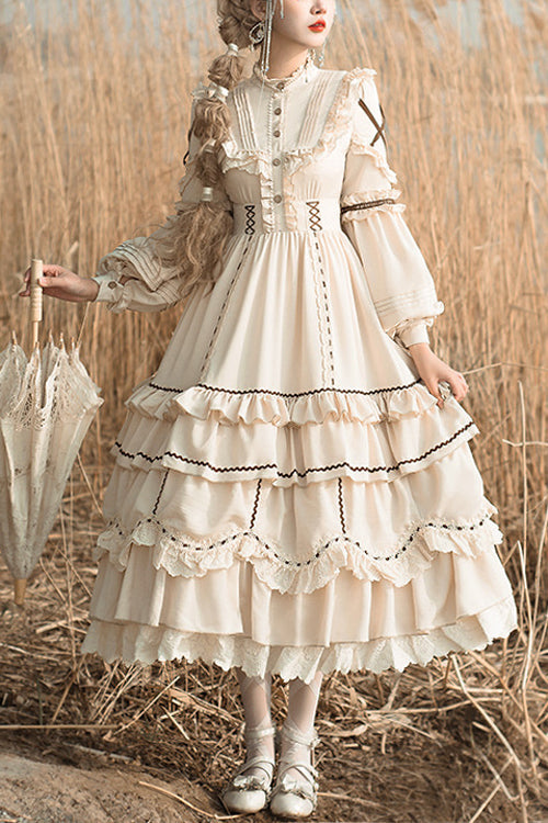Beige Lantern Sleeves Multi-Layer Ruffled Removable Sweet OP Tiered Dress (Dress Only) front view