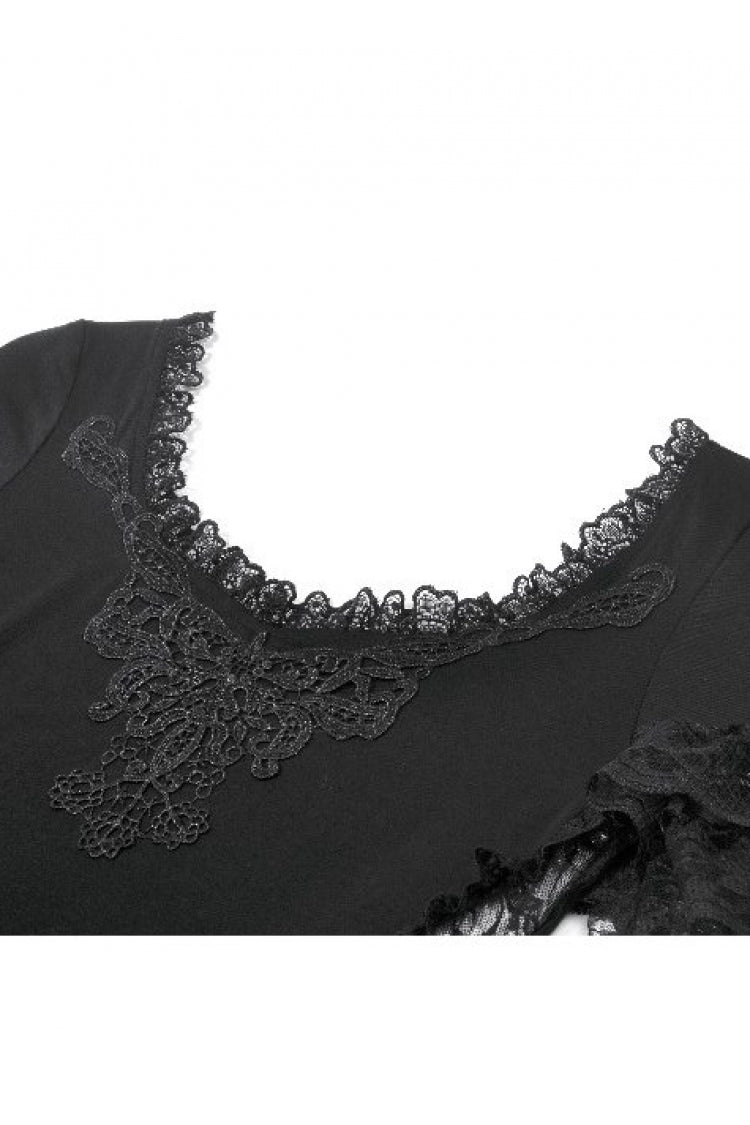 Black Women's Gothic Square Collar Double-Layered Lace Short Sleeves Embroidered Slim Fit Top - Product - 12