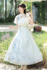 White [Hydrangea Message] Short Sleeves Print Ruffle Lace Sweet Chinese Style Elegant Lolita Dress - Product - 7