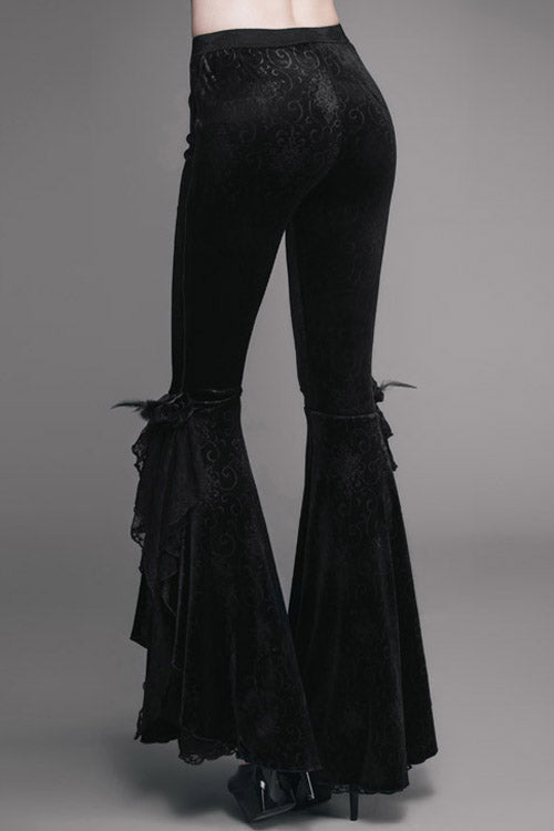Black Gothic Lace Hem Embossed Velvet Flare Womens Pants - Product - 6