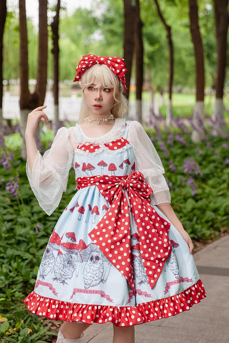 Cat Head Mushroom Print Ruffle Bowknot Sweet Lolita Dress 2 Colors - Product - 2