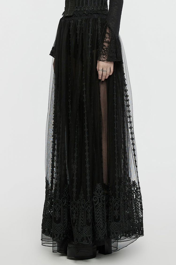 Black Floral Embroidery Mesh Women's Gothic Skirt - Product - 2
