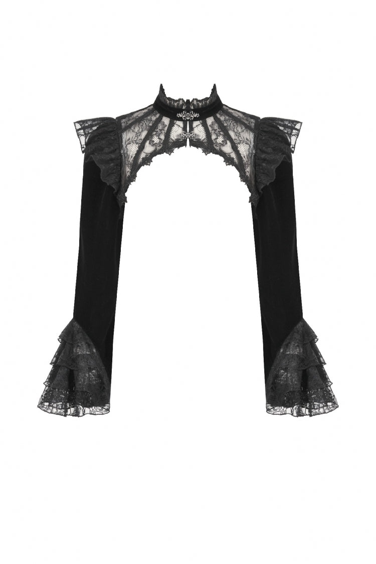 Black Stand Collar Long Flared Sleeves Lace Spliced Velvet Women's Gothic Cape - Product - 3