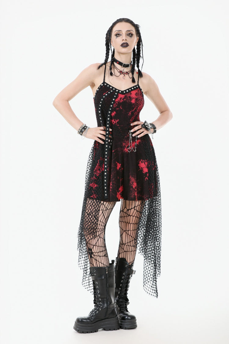 Red Sleeveless Mesh Hem Asymmetric Tie-dyed Women's Punk Slip Dress - Product - 5