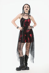 Red Sleeveless Mesh Hem Asymmetric Tie-dyed Women's Punk Slip Dress - Product - 5