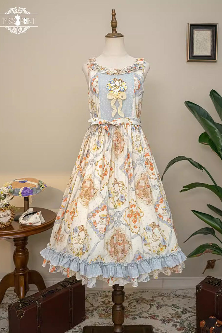 Cat Rose Tea Sleeveless Print Ruffle Bowknot Sweet Lolita Jumper Dress 3 Colors - Product - 3