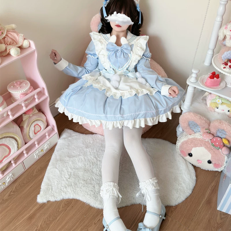 Light Blue and White Ruffled Bunny Maid Lolita Dress with Apron Bow Accent - view 5