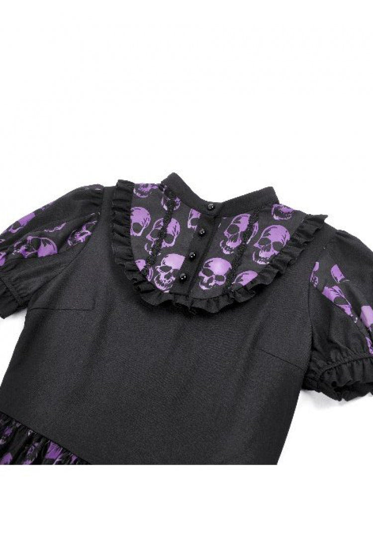 Black/Purple Short Puff Sleeves Skull Printed Lace-Up Women's Lolita Gothic Dress - Product - 14